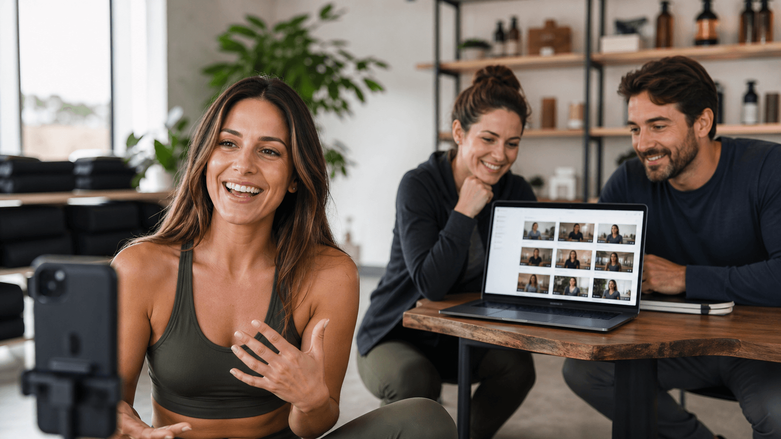 A happy customer recording a video testimonial while a business team reviews received clips